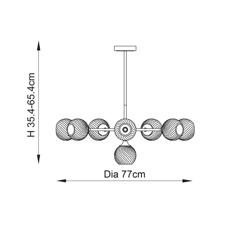 Allegra 8 Light Chandelier dimension drawing showing width and depth