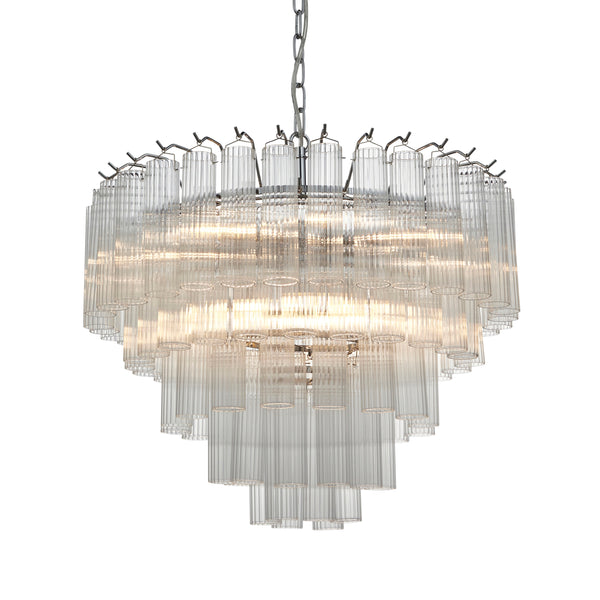 Endon Toulouse 12 Light Tiered Chandelier in bright nickel with clear ribbed glass