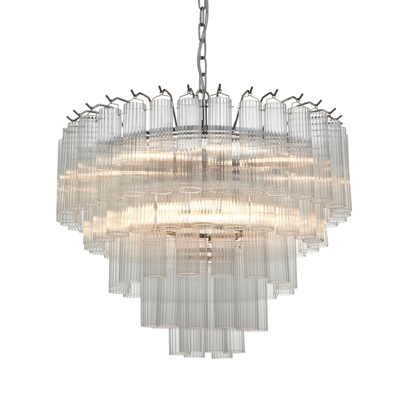 Endon Toulouse 12 Light Tiered Chandelier in bright nickel with clear ribbed glass