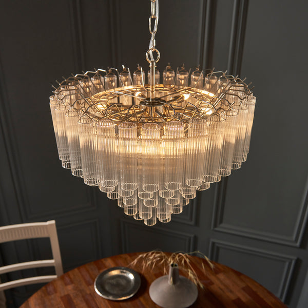 Close-up of the clear ribbed glass on the Toulouse 12 Light Tiered Chandelier
