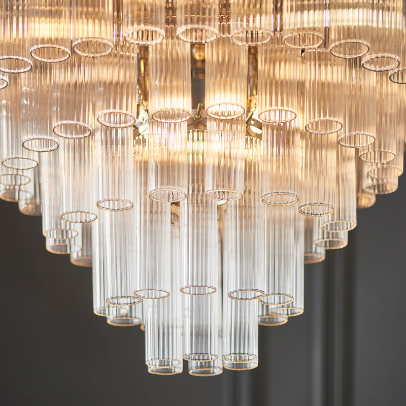 Detail of the bright nickel finish on the Toulouse 12 Light Tiered Chandelier