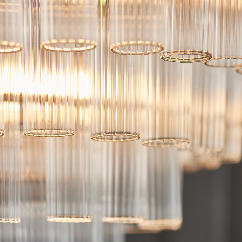 Toulouse 12 Light Tiered Chandelier detail showing the clear ribbed glass and fittings
