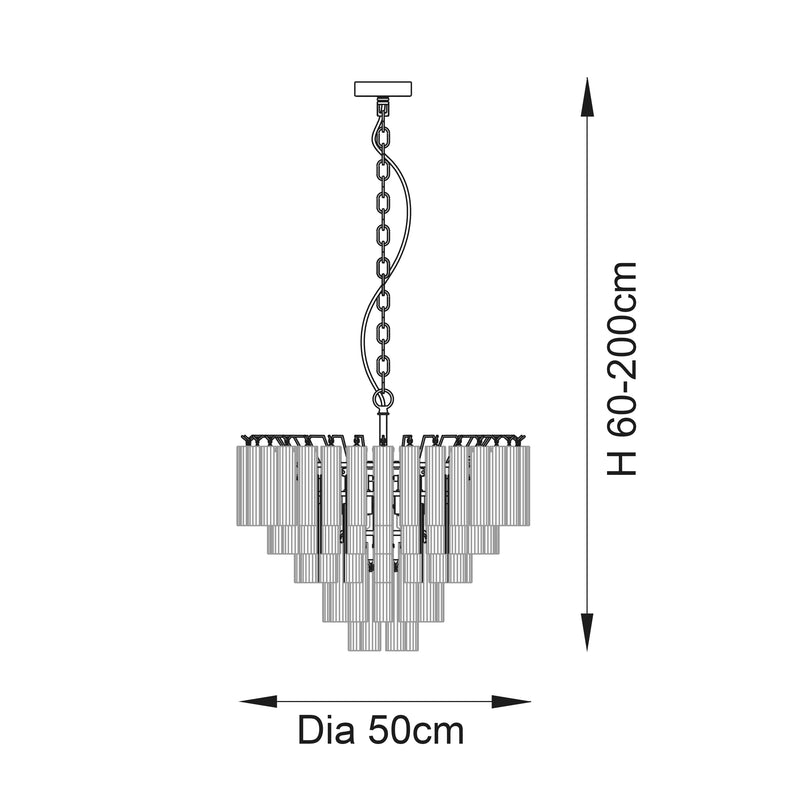 Toulouse 12 Light Tiered Chandelier dimension drawing showing width and drop