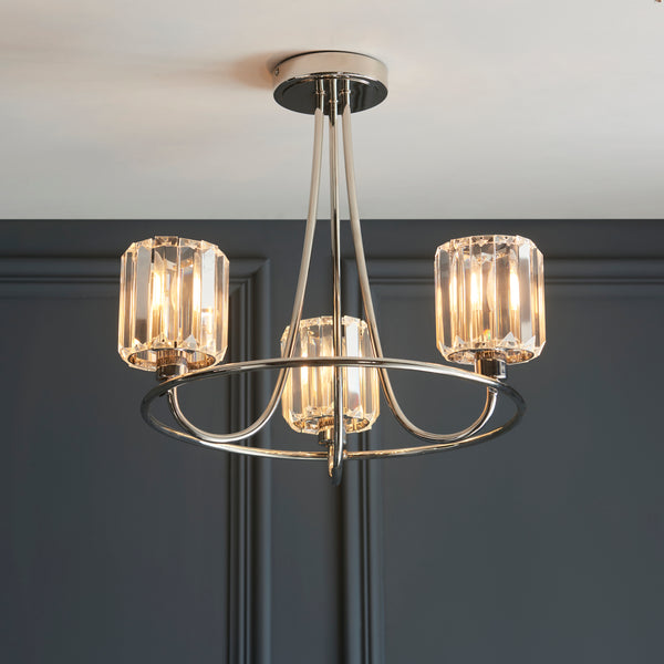 Berenice 3 Light Semi Flush Ceiling Light in bright nickel on a bedroom ceiling