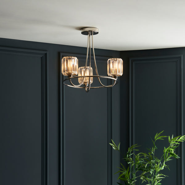 Berenice 3 Light Semi Flush Ceiling Light lit up in a styled bedroom