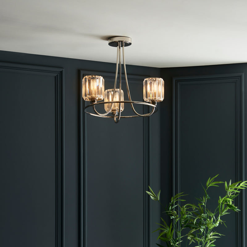 Berenice 3 Light Semi Flush Ceiling Light lit up in a styled bedroom