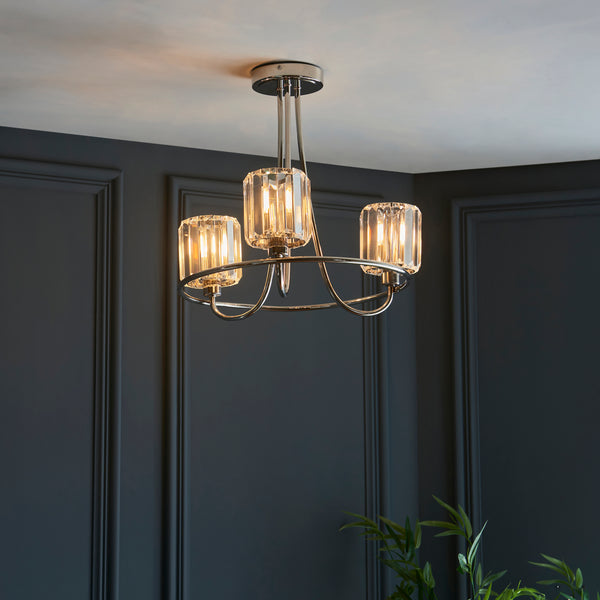 Berenice 3 Light Semi Flush Ceiling Light in bright nickel shown in a room setting