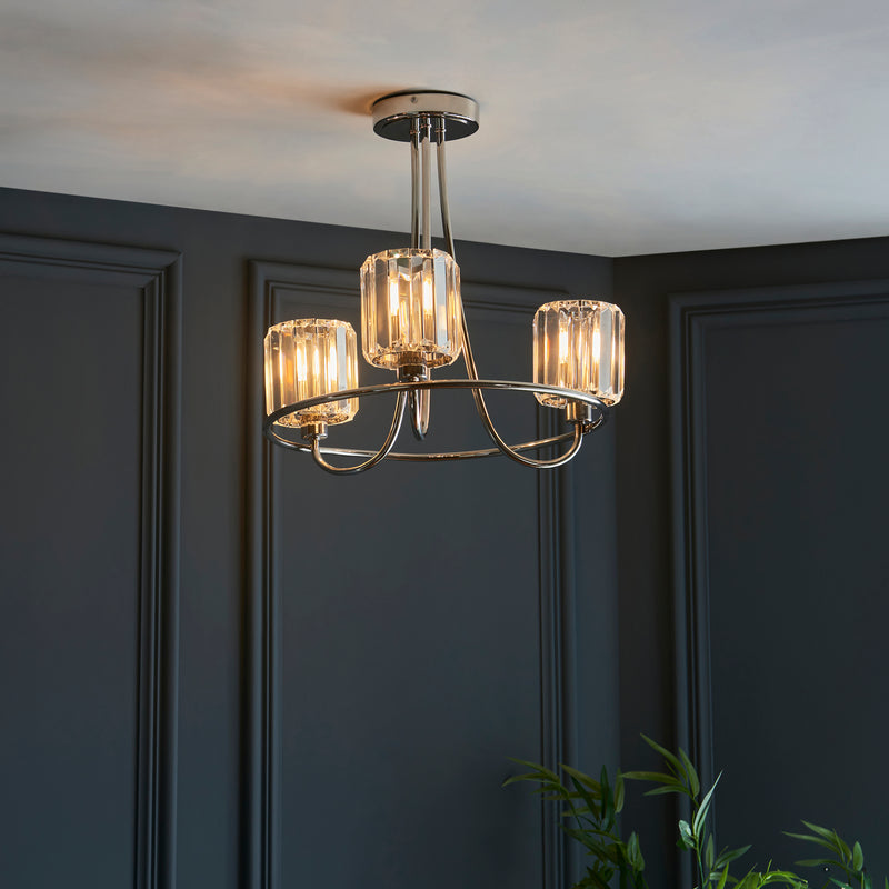 Berenice 3 Light Semi Flush Ceiling Light in bright nickel shown in a room setting