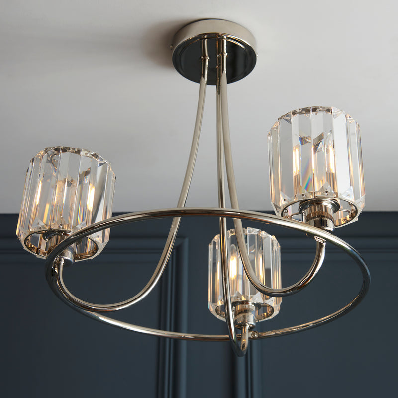 Close-up of the clear glass on the Berenice 3 Light Semi Flush Ceiling Light