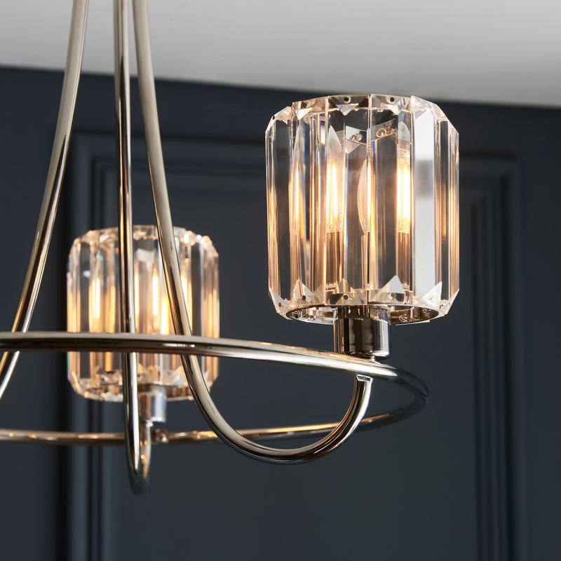 Detail of the bright nickel finish on the Berenice 3 Light Semi Flush Ceiling Light