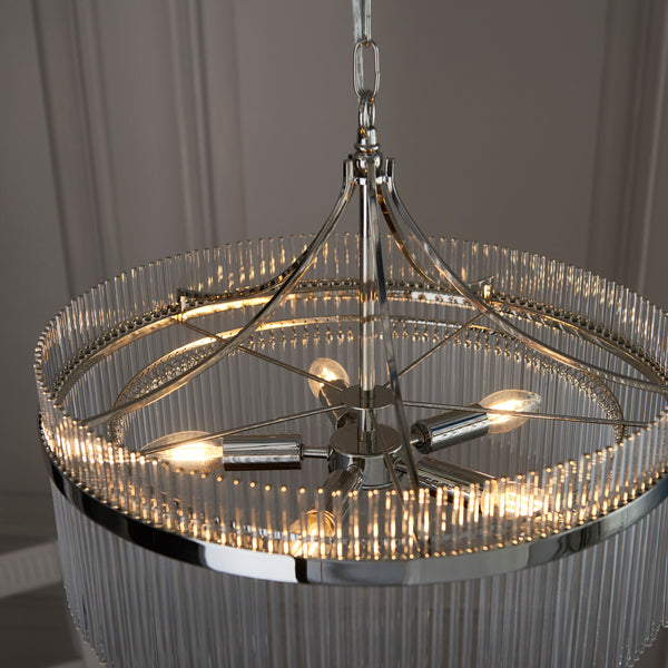 Close-up of the clear glass on the Marietta 5 Light Chandelier
