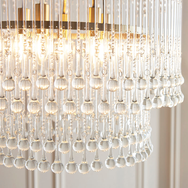 Close-up of the clear glass on the Genevieve 5 Light Chandelier