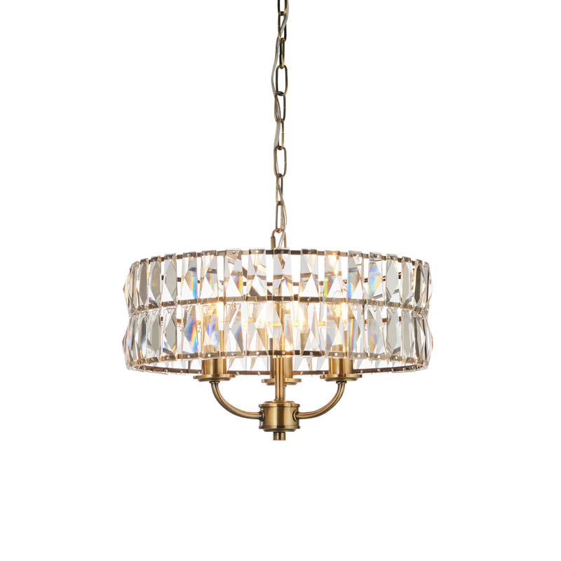 Endon Clifton 3 Light Pendant in antique brass with clear crystal glass