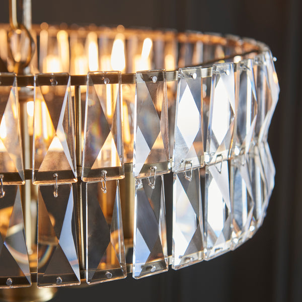 Close-up of the clear crystal glass on the Clifton 3 Light Pendant