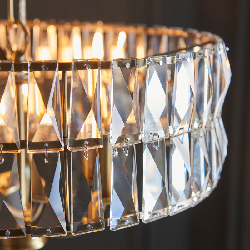 Close-up of the clear crystal glass on the Clifton 3 Light Pendant