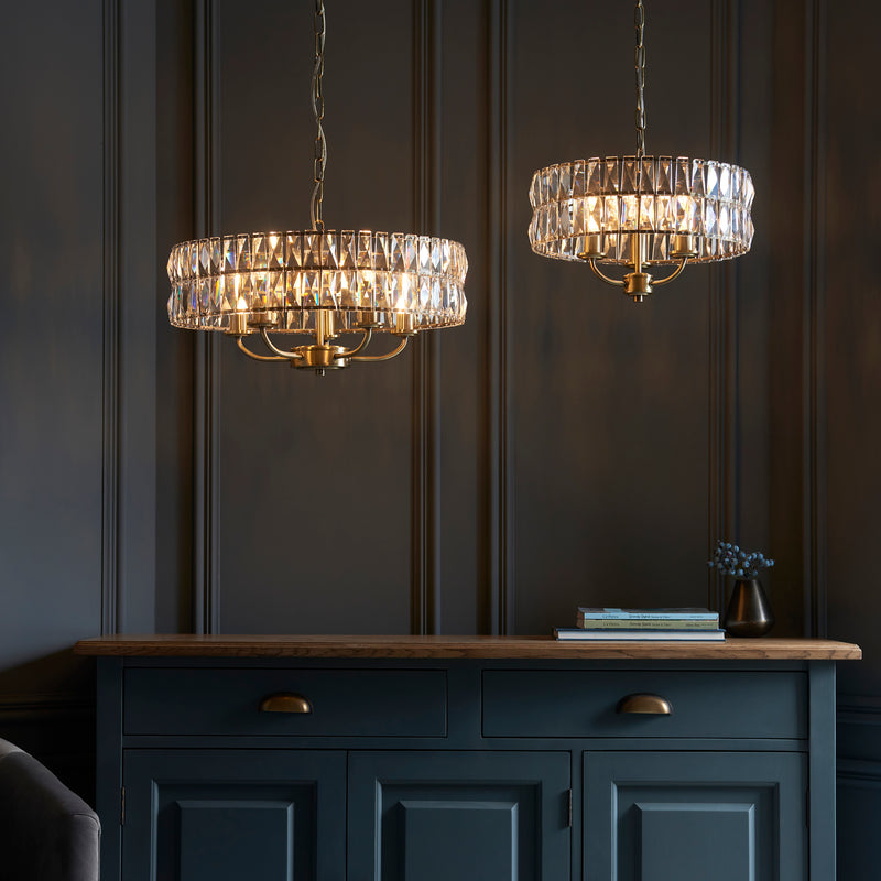 Clifton 3 Light Pendant detail showing the clear crystal glass and fittings