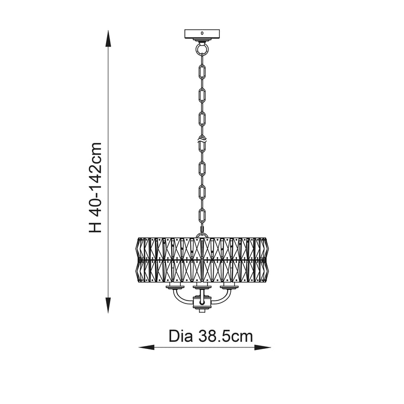 Clifton 3 Light Pendant dimension drawing showing width and drop