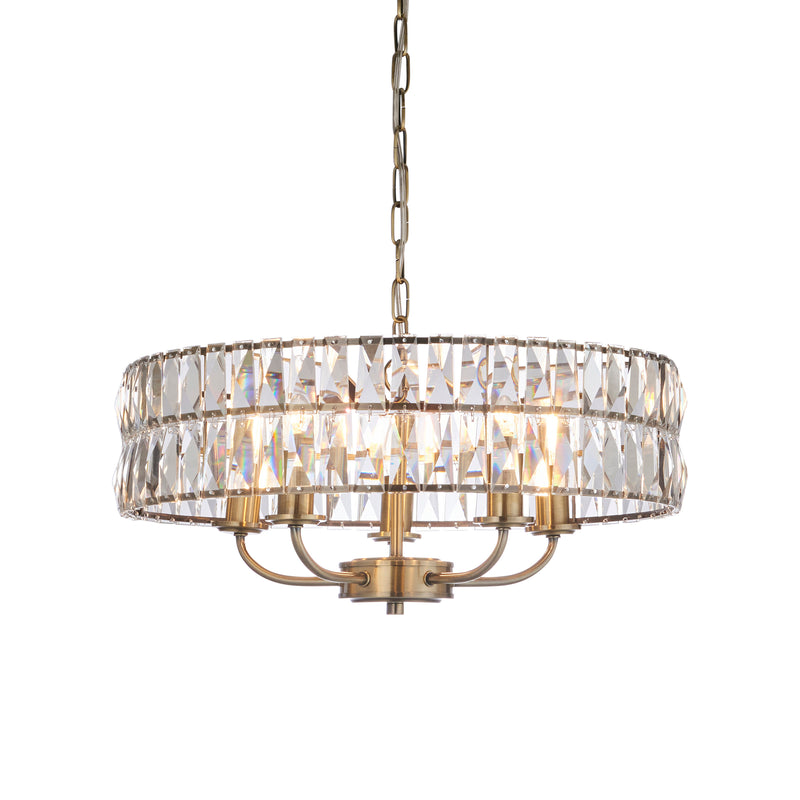 Endon Clifton 5 Light Pendant in antique brass with clear crystal glass