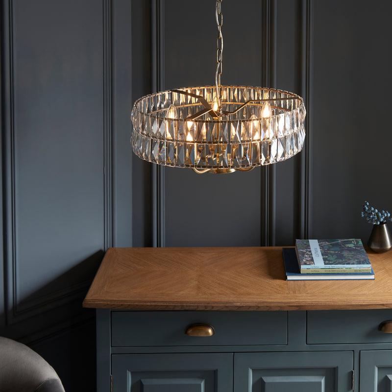 Close-up of the clear crystal glass on the Clifton 5 Light Pendant