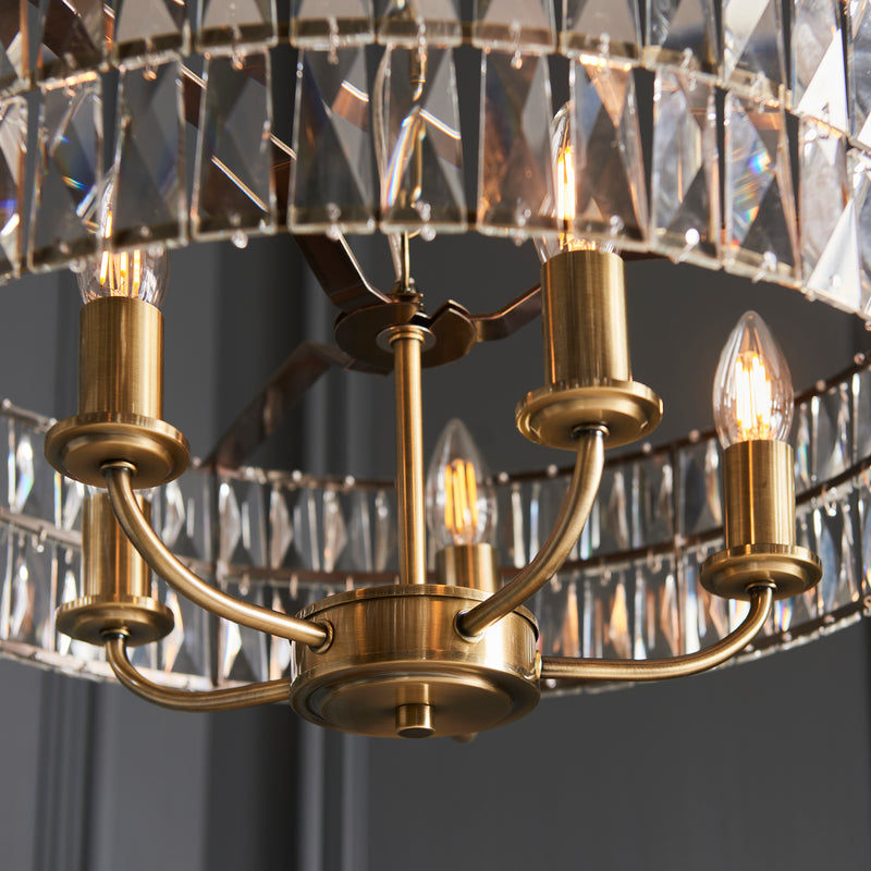 Clifton 5 Light Pendant detail showing the clear crystal glass and fittings