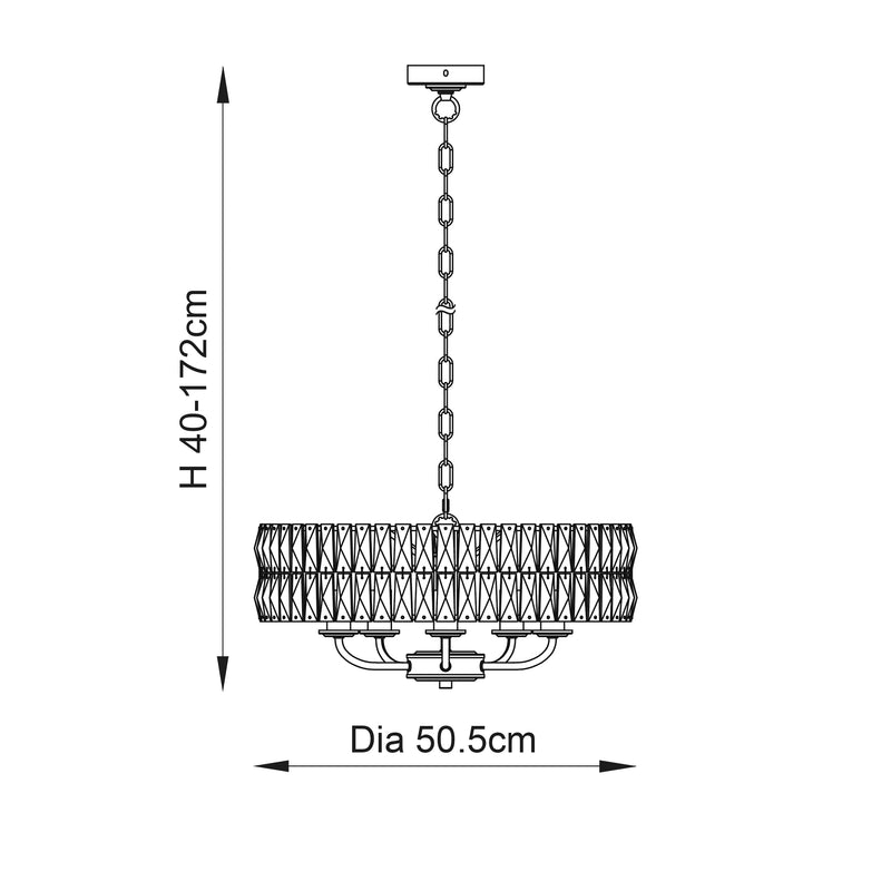 Clifton 5 Light Pendant dimension drawing showing width and drop