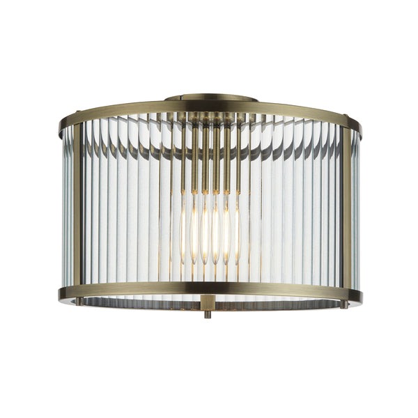 Endon Ridgeton Flush Ceiling Light in antique brass with clear ribbed glass