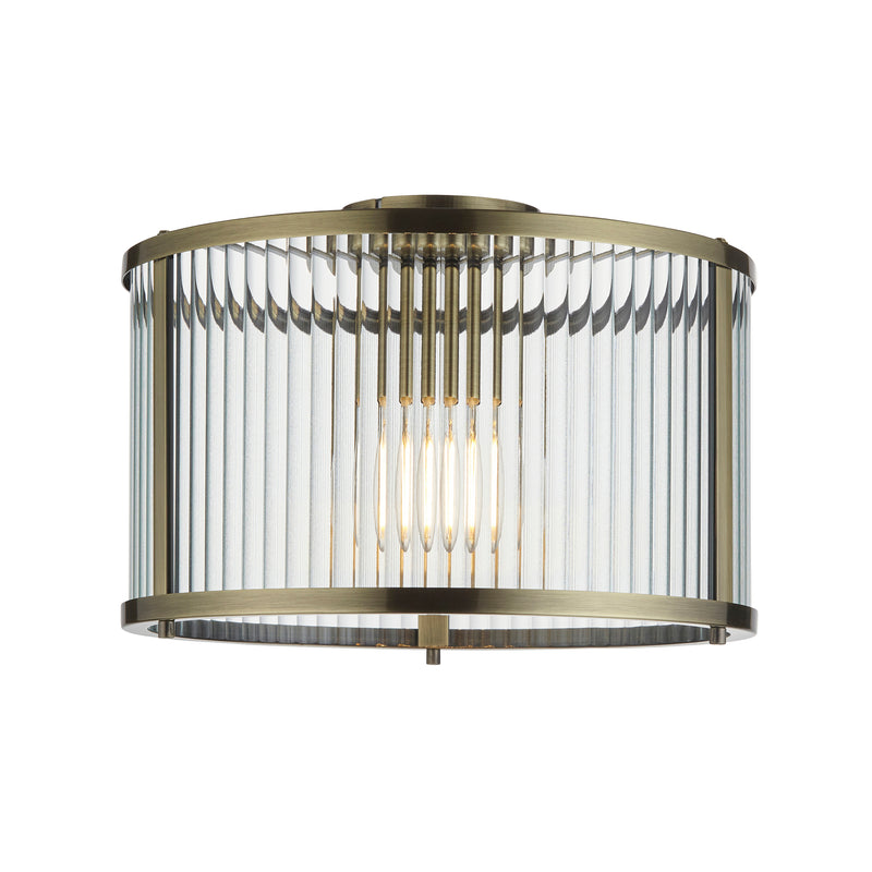 Endon Ridgeton Flush Ceiling Light in antique brass with clear ribbed glass
