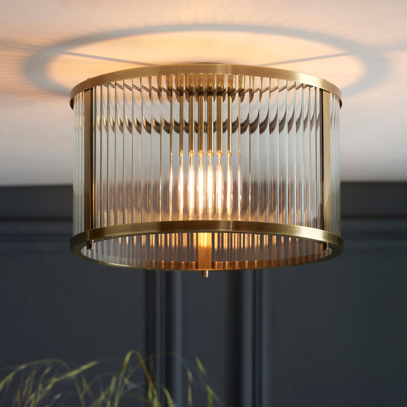 Ridgeton Flush Ceiling Light in antique brass on a hallway ceiling