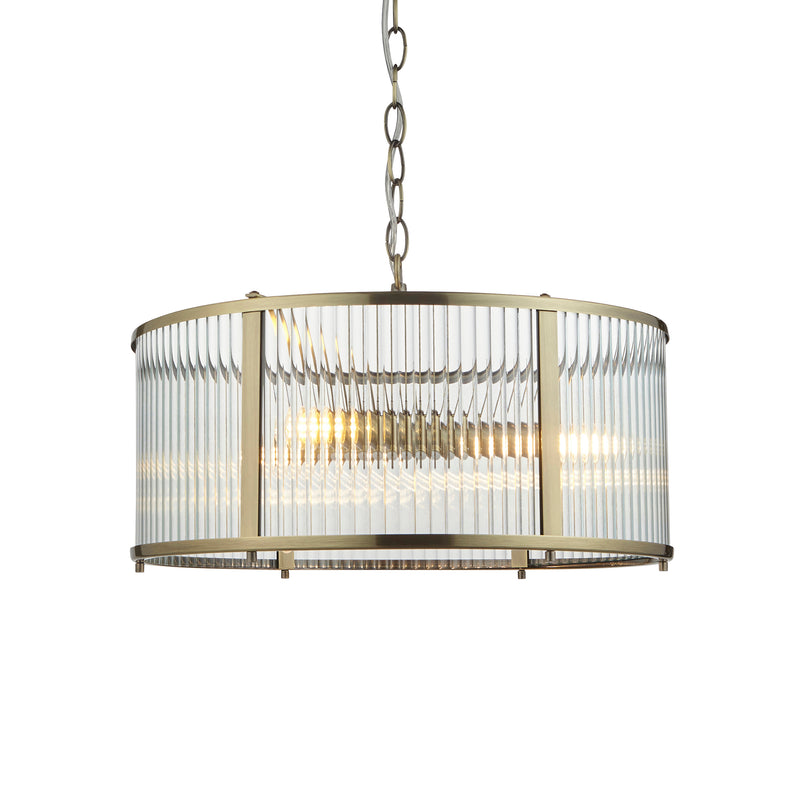 Endon Ridgeton 3 Light Pendant in antique brass with clear ribbed glass