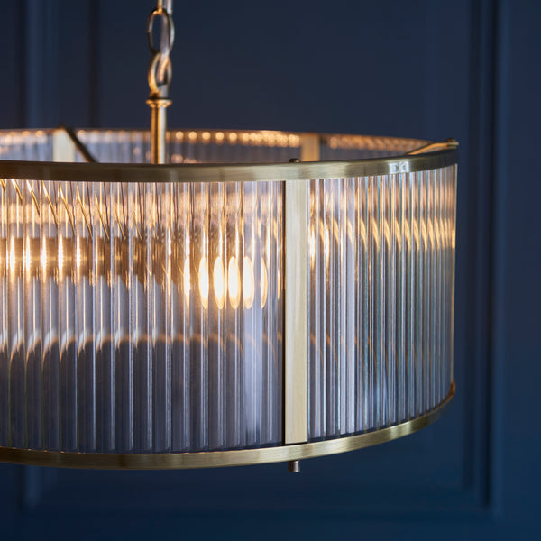 Close-up of the clear ribbed glass on the Ridgeton 3 Light Pendant