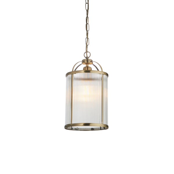Endon Lambeth Ribbed Lantern Pendant in antique brass with clear ribbed glass