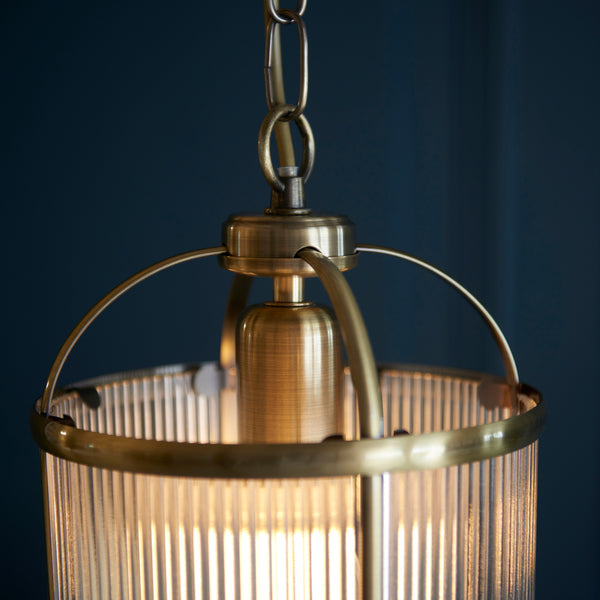 Close-up of the clear ribbed glass on the Lambeth Ribbed Lantern Pendant