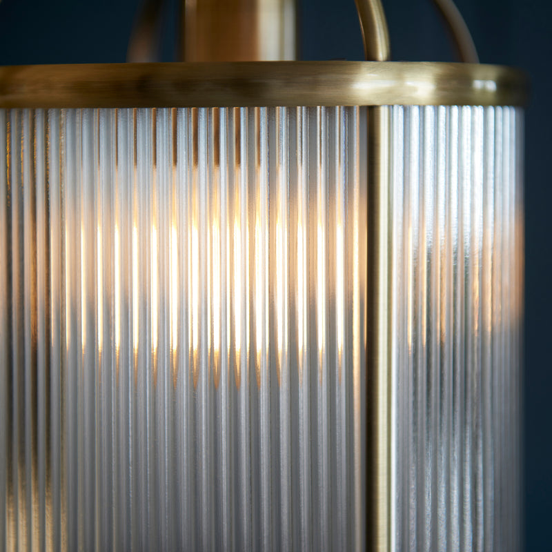 Detail of the antique brass finish on the Lambeth Ribbed Lantern Pendant
