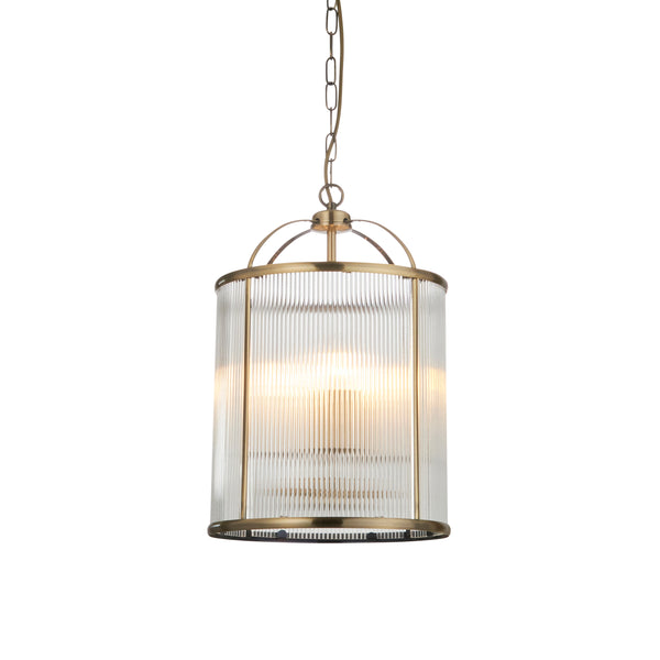 Endon Lambeth Ribbed 4 Light Lantern Pendant in antique brass with clear ribbed glass