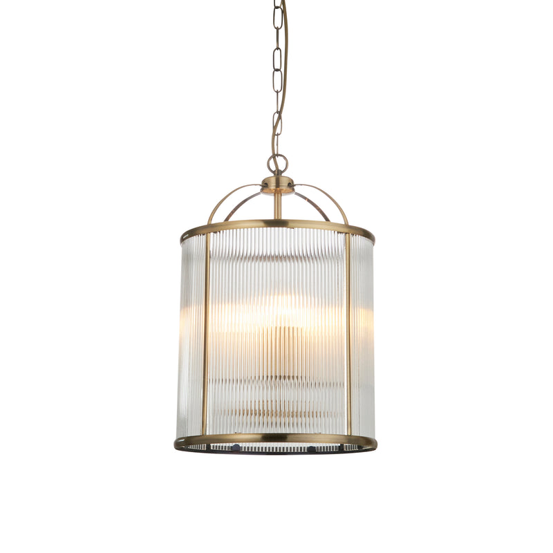 Endon Lambeth Ribbed 4 Light Lantern Pendant in antique brass with clear ribbed glass