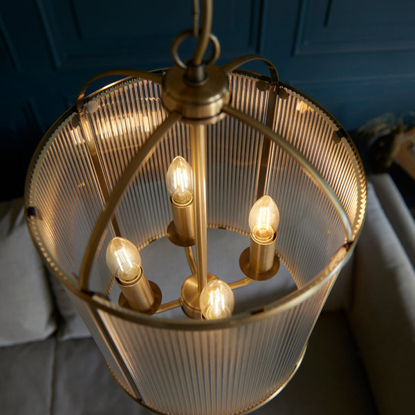 Close-up of the clear ribbed glass on the Lambeth Ribbed 4 Light Lantern Pendant