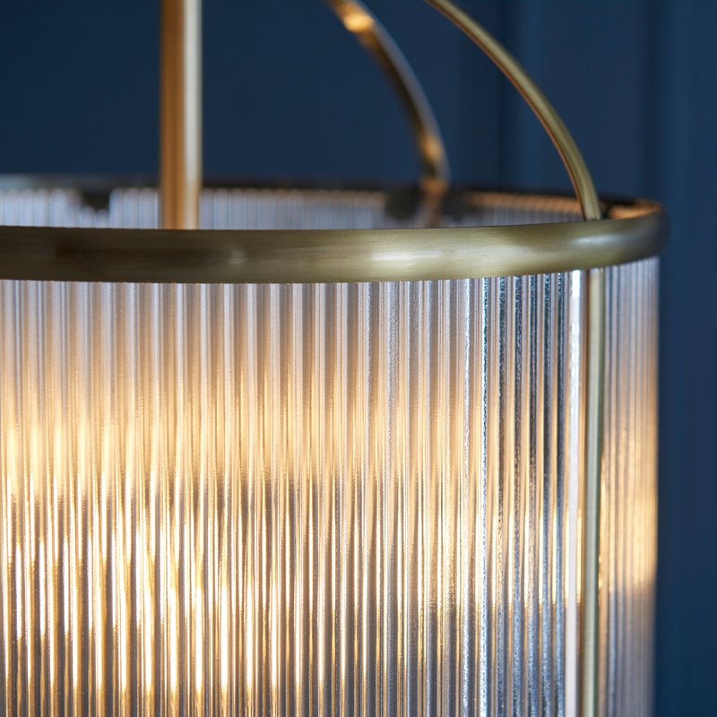 Lambeth Ribbed 4 Light Lantern Pendant detail showing the clear ribbed glass and fittings