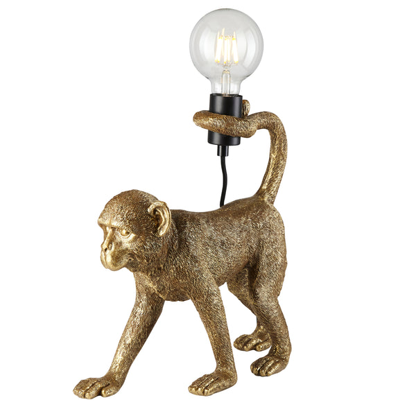 Endon Capuchin Monkey Table Lamp in vintage gold on a white background