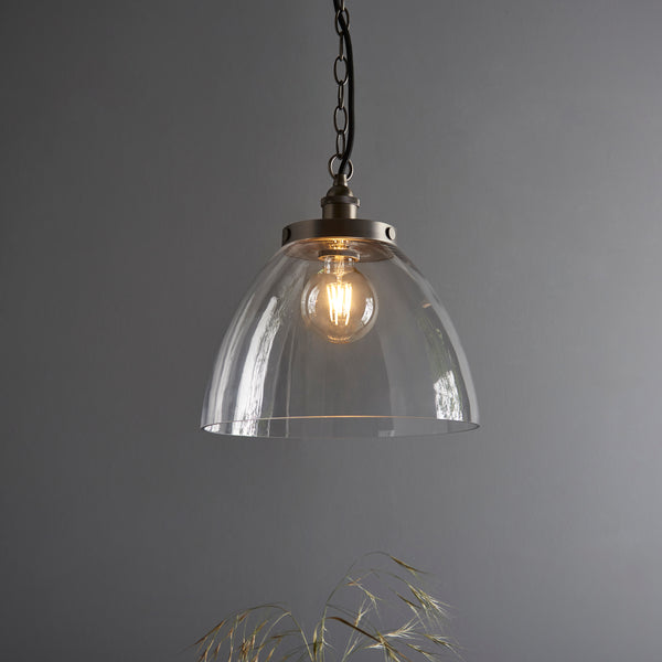 Hansen Grand Pendant in aged pewter hanging in a kitchen