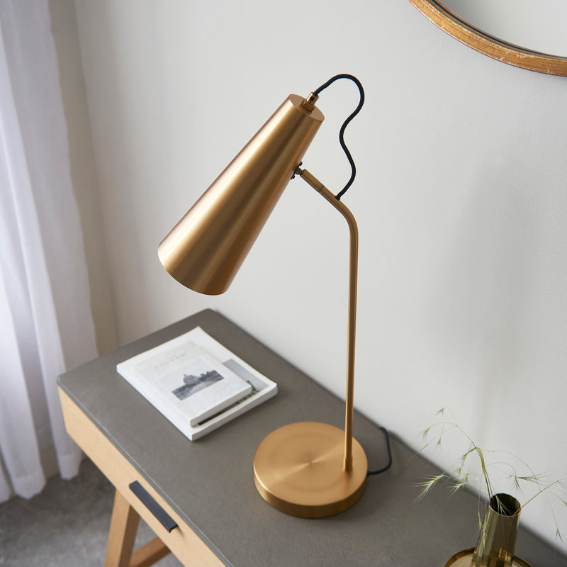 Detail of the warm antique brass finish on the Karna Task Table Lamp
