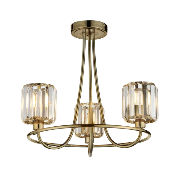 Endon Berenice 3 Light Semi Flush Ceiling Light in antique brass with clear glass