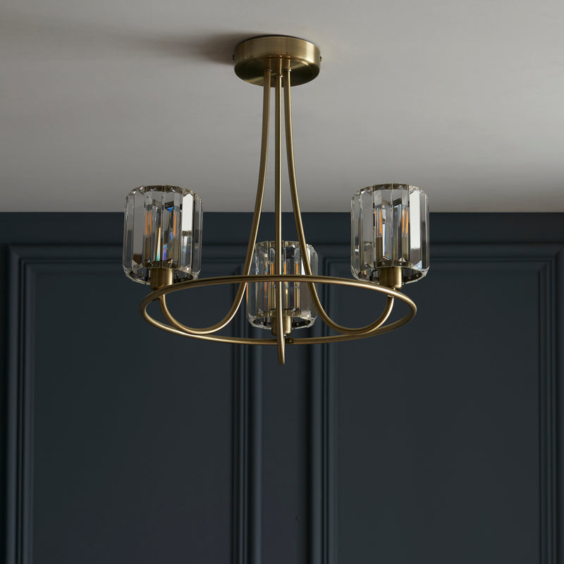 Berenice 3 Light Semi Flush Ceiling Light in antique brass on a bedroom ceiling