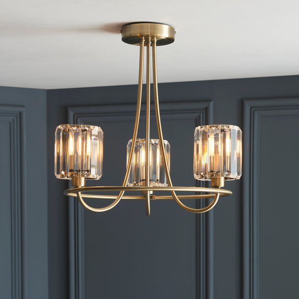 Berenice 3 Light Semi Flush Ceiling Light lit up in a styled bedroom