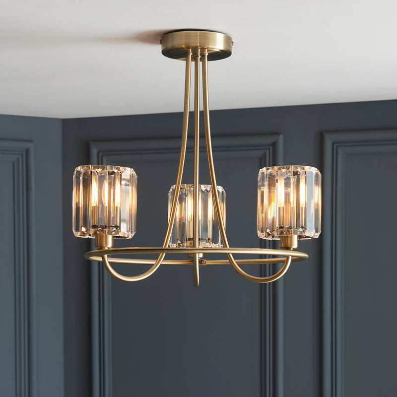 Berenice 3 Light Semi Flush Ceiling Light lit up in a styled bedroom