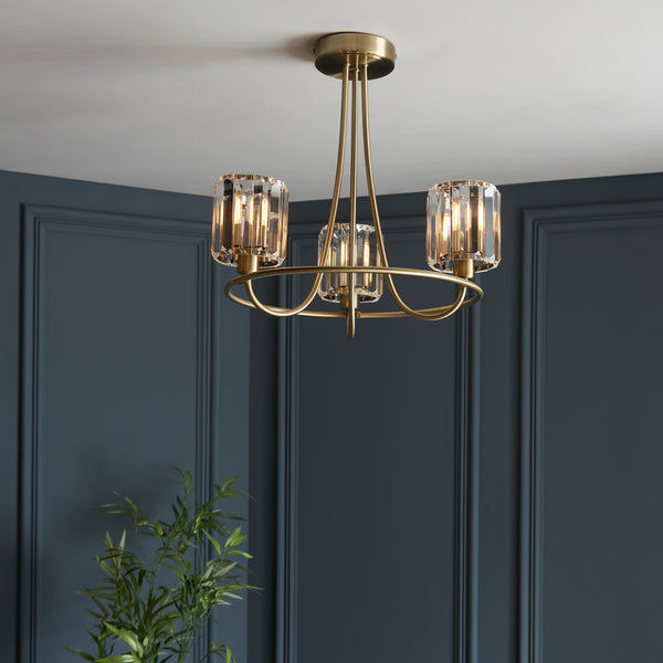 Berenice 3 Light Semi Flush Ceiling Light in antique brass shown in a room setting