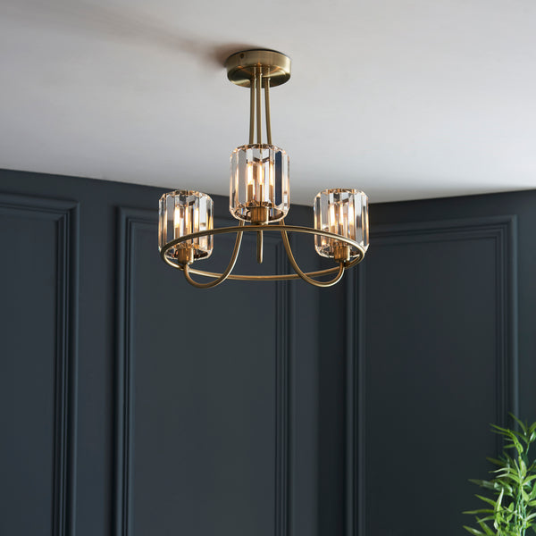 Close-up of the clear glass on the Berenice 3 Light Semi Flush Ceiling Light