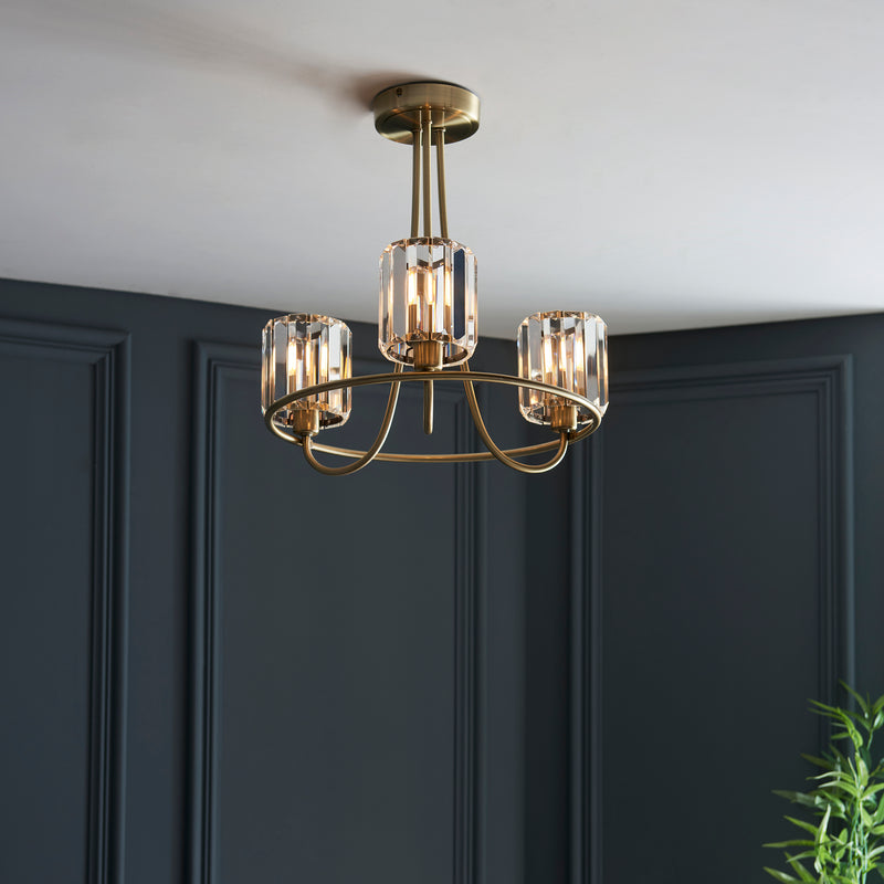 Close-up of the clear glass on the Berenice 3 Light Semi Flush Ceiling Light