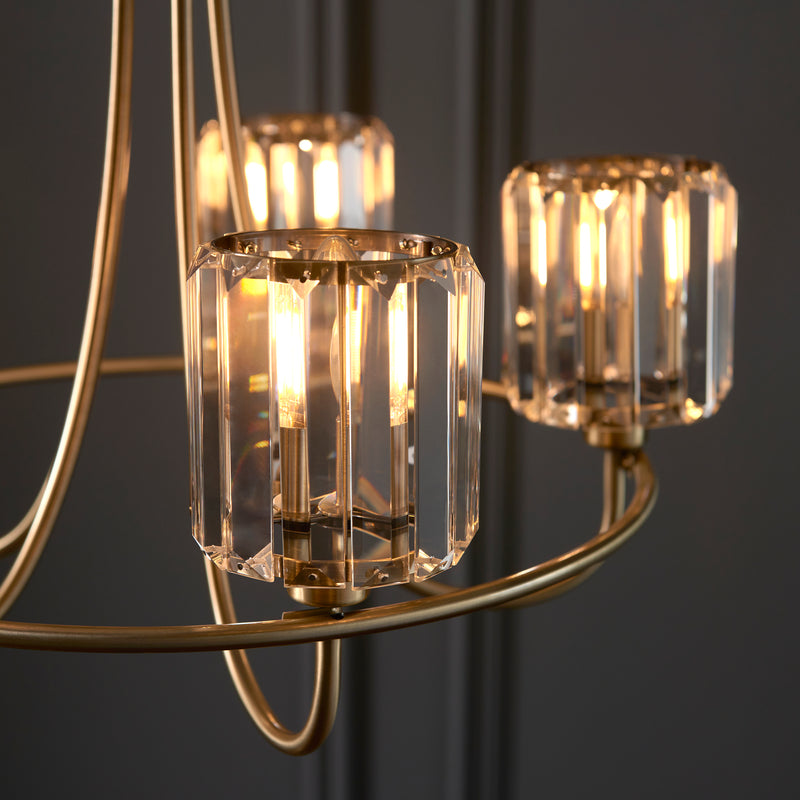 Close-up of the clear glass on the Berenice 5 Light Chandelier