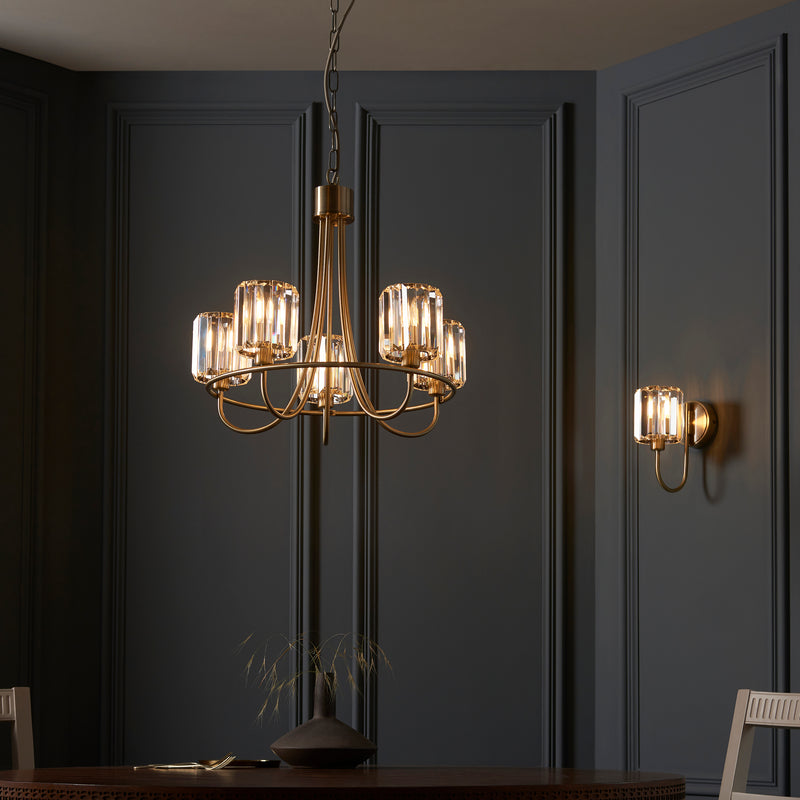 Berenice 5 Light Chandelier detail showing the clear glass and fittings