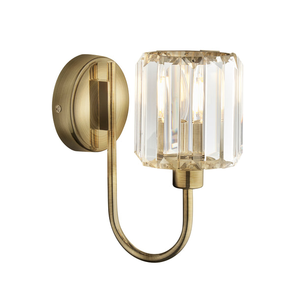 Endon Berenice Wall Light in Antique Brass with Clear Cut Faceted Glass Shade – Elegant Dimmable E14 LED Sconce for Living Rooms, Bedrooms & Hallways.